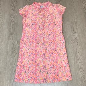Vintage 50s Pink Paisley‎ Print Mini Dress Button-Front Pockets Large Retro